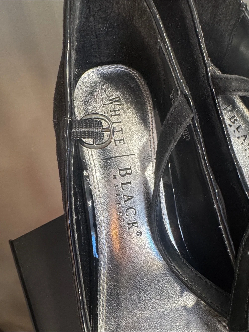 White House Black Market Black Patent Peep-Toe Heels with Faceted Gem